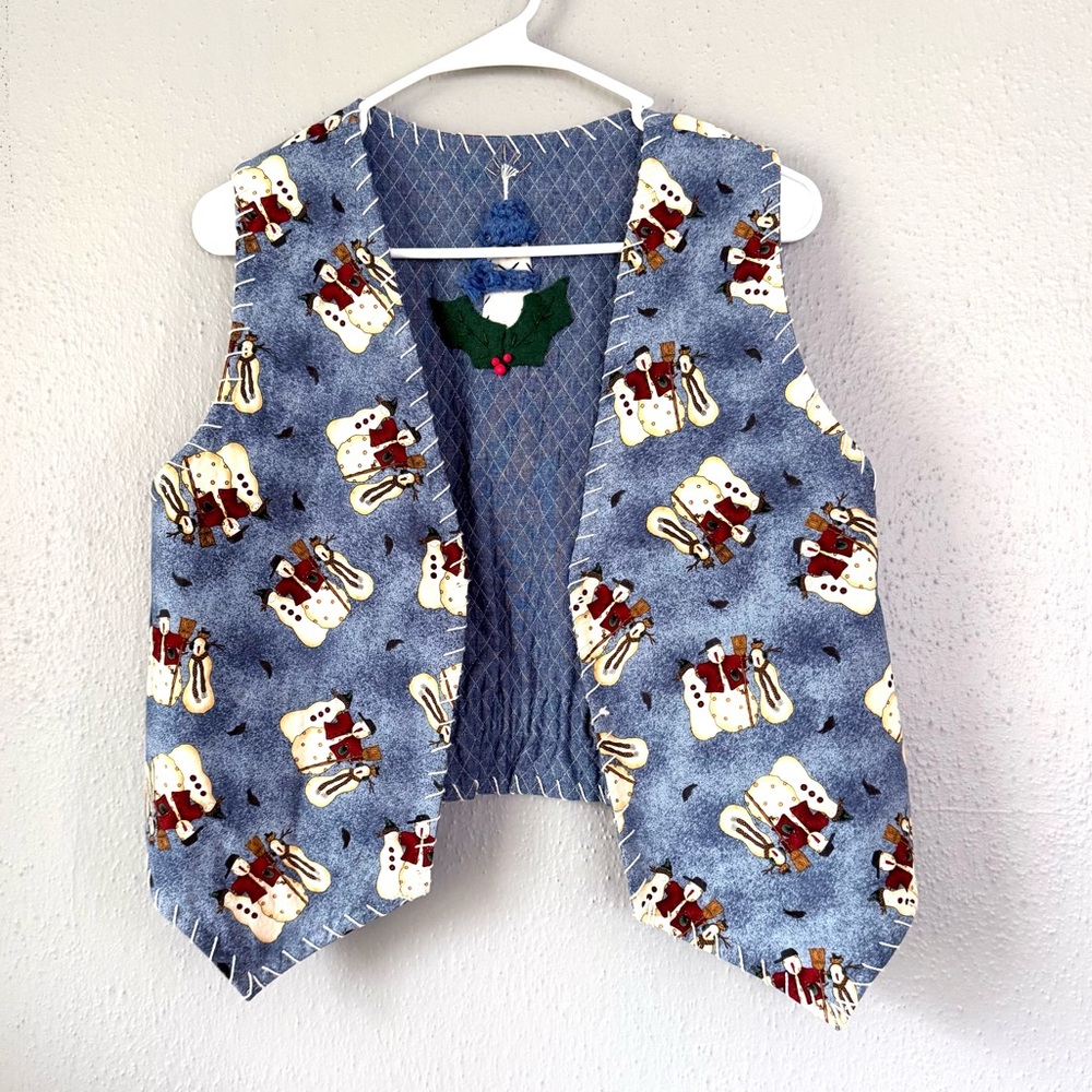 Reversible Christmas vest handmade with snowmen Medium Blue Size M